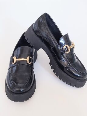 Steve Madden Lando 5 M Black Patent Leather Platform Chunky Horsebit Loafers